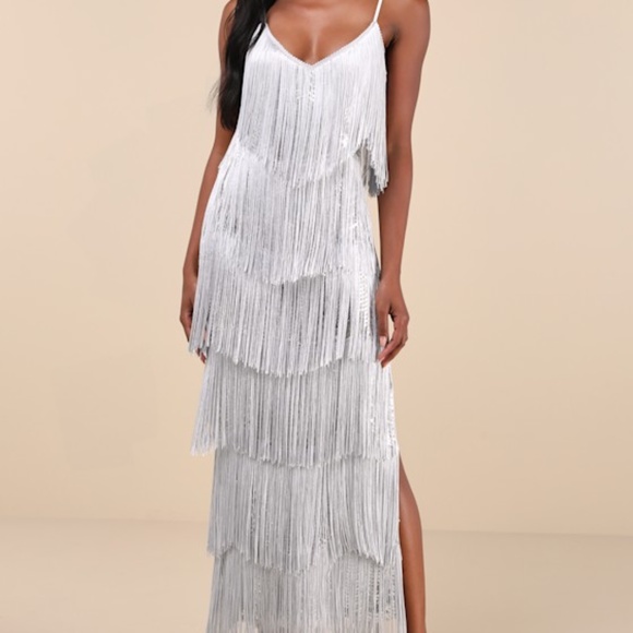 Lulus Get In The Groove Silver Sequin Fringe Bodycon Maxi Dress - Size M - Picture 1 of 2